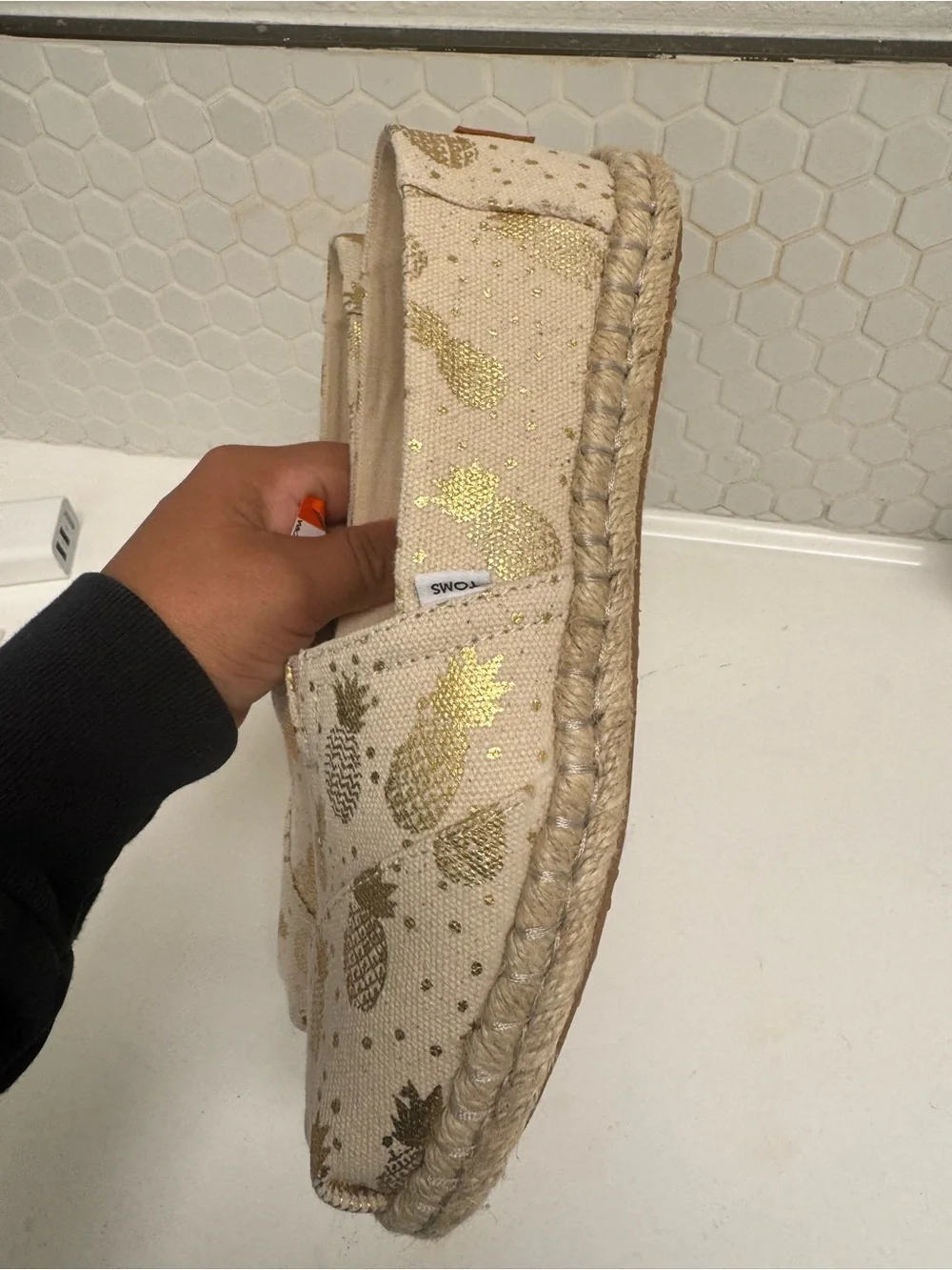 TOMS Cream Espadrille Slip-Ons with Metallic Gold Pineapple Motif